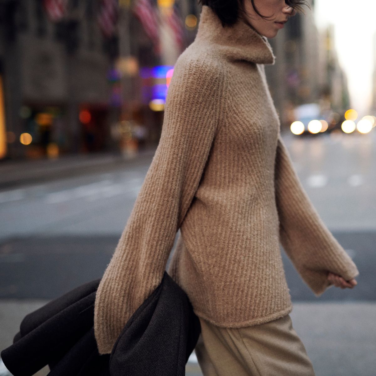 Moving Rib Turtleneck Sweater in Camel Boucle